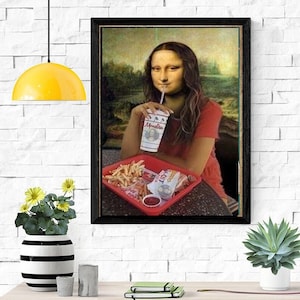 Mona Lisa  with mcdonalds  Print,altered mona lisa print , Original Oil Painting Cat Portrait Poster, Vintage Wall Art, Unique Gift