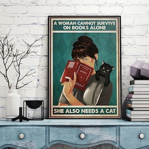 女性は本だけでは生きていけないので、猫が必要です。黒猫ポスター、黒猫の壁アート、黒猫プリント - 黒猫アートワーク - ホームデコレーション