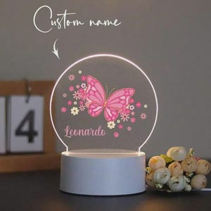 Custom Name Kids Night Light: Butterfly & Flowers LED Lamp