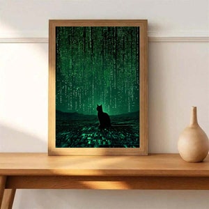 matrix cat art print ,matrix rain code poster, black cat matrix,matrix rain digtial poster, ai generated poster,deja vu cat