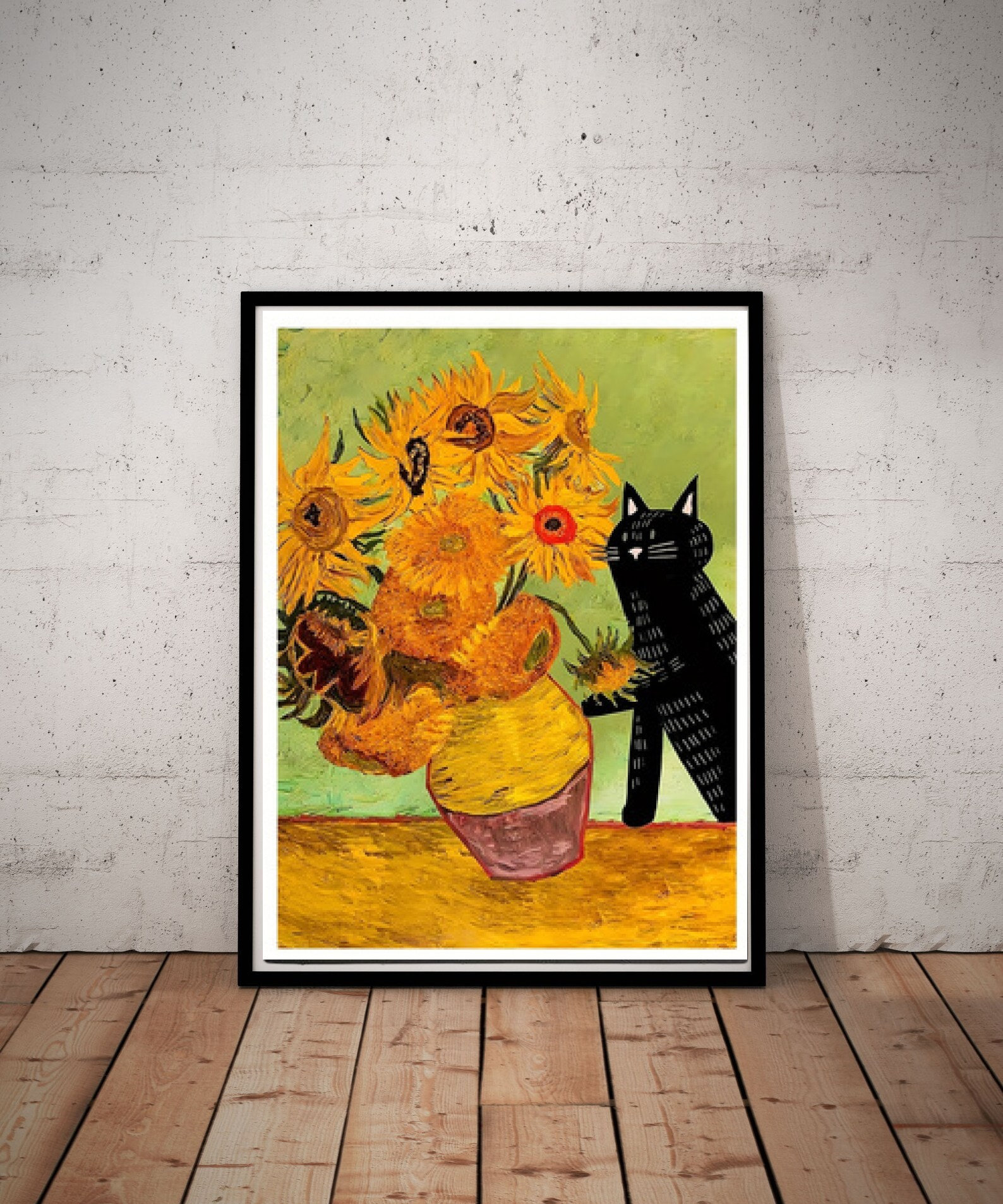 絵画 。手描き【猫たちはテーブルの周りで花瓶の中のきれいな花を見ている】 絵画 。手描き【猫たちはテーブルの周りで花瓶の中のきれいな花を