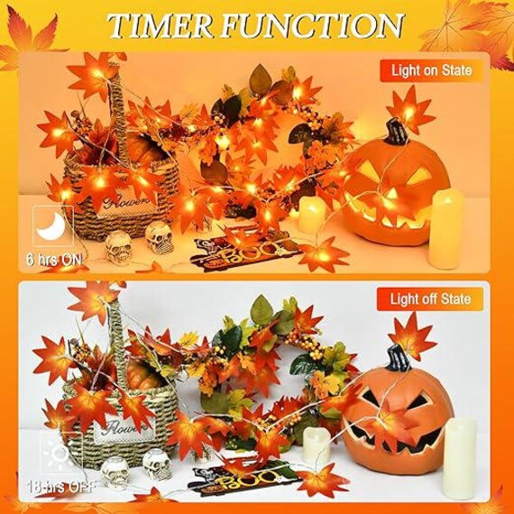 Ghirlanda Luci Foglie D'Acero Con Timer - 20 LED A Batteria Per Decorazioni Autunnali E Halloween - Foto 7