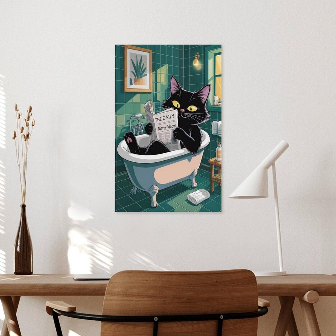 Bathroom Cat Wall Art Print Canvas ,black Cat Funny Bathroom Print ...