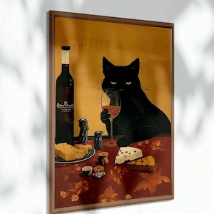 ワイングラスとチーズを持つ猫のイラストポスター、黒猫の壁アート黒猫プリント - 黒猫アートワーク - 室内装飾