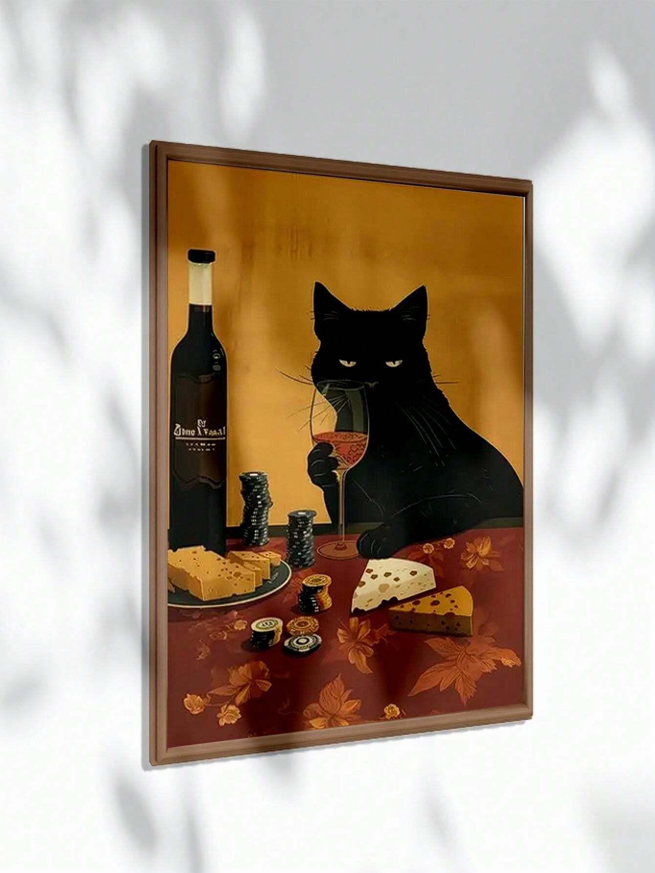 ワイングラスとチーズを持つ猫のイラストポスター、黒猫の壁