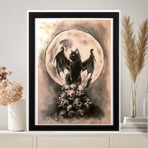 black cat with bat wings  art,black cat-poster , Black Cat Wall Art - Black Cat Print -Black Cat Artwork - Home Decor