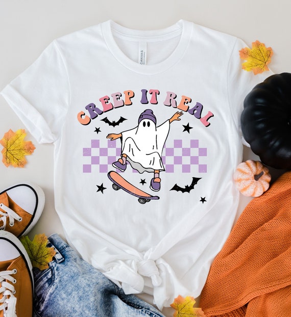 本物の幽霊シャツ、レトロなハロウィンカラーシャツ、スケートボードに 