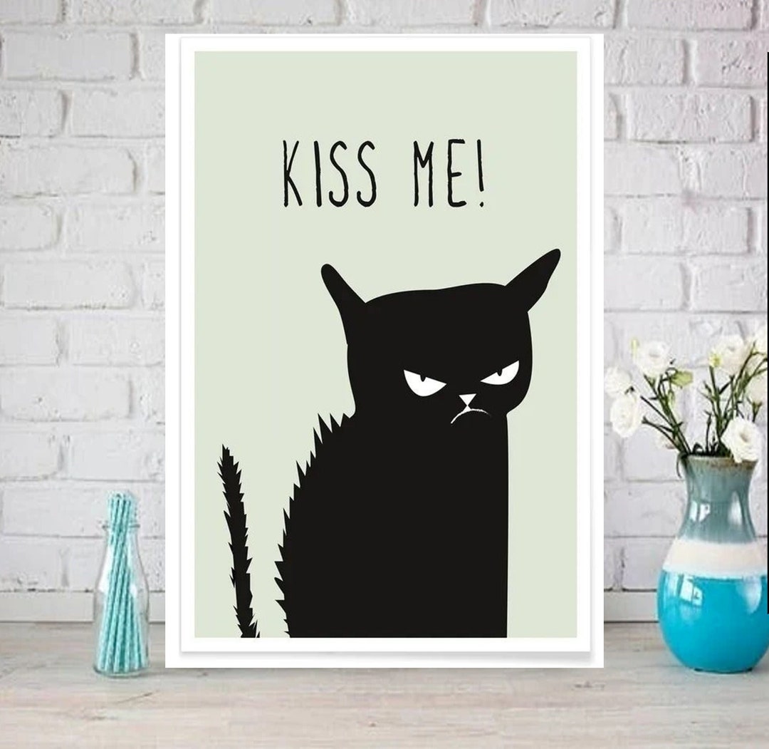 Black Cat Kiss Me Wall Art Poster Black Cat Wall Art Black Etsy