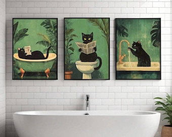 Bathroom Cat Wall Art Print canvas ,Black Cat set of 3  Funny Bathroom Print, Toilet Art, Green Aesthetic