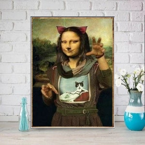 Mona Lisa in cat outfit art Print, Original Oil Painting  de vinci Portrait Poster, Vintage Wall Art, Unique Gift