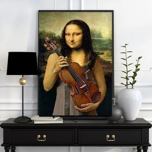 Mona Lisa with violin , Original Oil Painting  de vinci Portrait Poster, Vintage Wall Art, Unique Gift