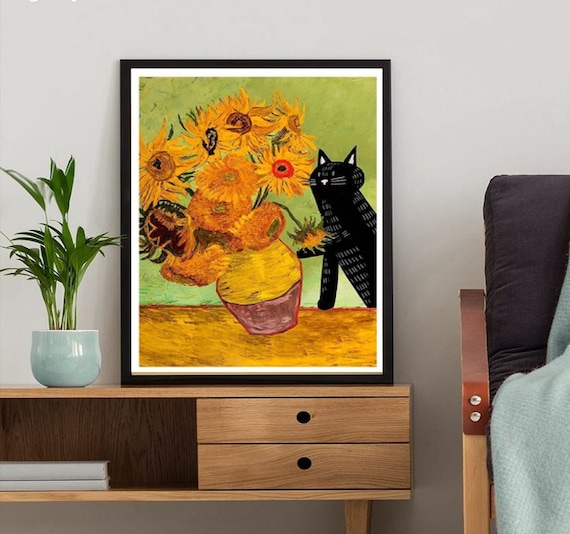 絵画 猫の絵 肖像画 似顔絵 アクリル画 ゴッホ 向日葵 パロディ 油絵