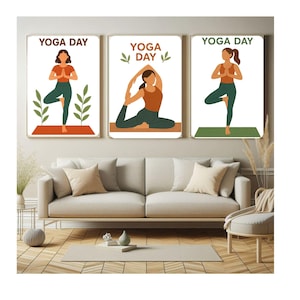Yoga pose art  Print, Vintage Wall Art set of 3  Yoga Girl Poster, Soul-connecting Inspirational,yoga day digital download