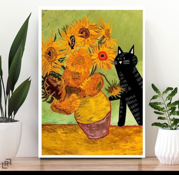 絵画 猫 猫の絵 ゴッホ 向日葵 パロディ オマージュ cat art Gogh 猫のプリント ゴッホ ひまわり 静物画 面白いギフトポスター 壁