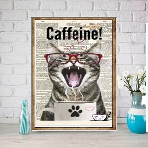 laughing tabby cat with cup of coffee poster ,tabby  Cat Wall Art - tabby  Print - - Cat Artwork - Home Decor,dining room ,living room decor