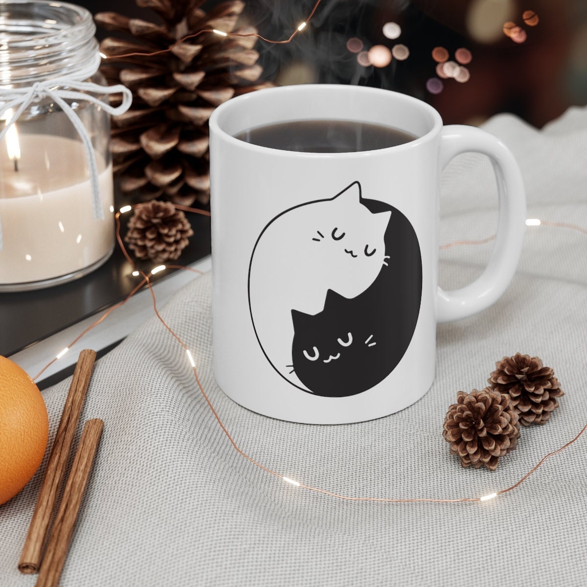 ying yang cat white  mug ,ying yang black white  gift,white ceramic mug  ,yoga spirtual coffee mug