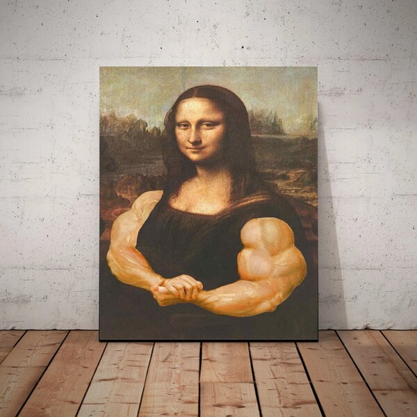 Mona Lisa met biceps print, origineel olieverfschilderij de vinci portretposter, vintage muurkunst, uniek cadeau