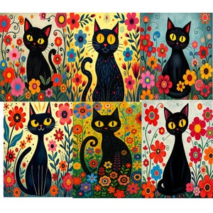 Impressão de gato de jardim Gustav Klimt, pôster de gato com flores Klimt, arte de gato preto, impressão floral, impressão de gato engraçado