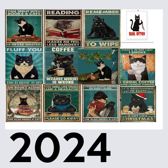 Calendrier mural 2024, calandre de chat noir drôle, planificateur