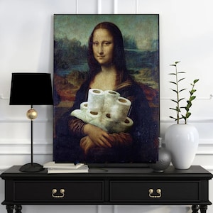 Mona Lisa with toilet rolls, Original Oil Painting  de vinci Portrait Poster, Vintage Wall Art, Unique Gift