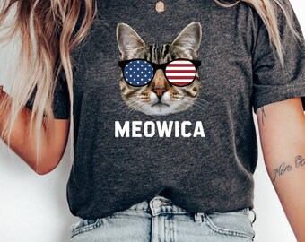 Chemise Meowica, chemise 4 juillet, chemise USA, Amérique, chat, chemise drôle pour animal de compagnie, t-shirt graphique drôle, Merica, chemise d'été, chemise femme