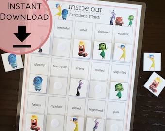 Inside Out Emotions Match Printable | Aktywność uczuć dzieci | Ćwiczenie synonimów | Natychmiastowa możliwość pobrania wydruku