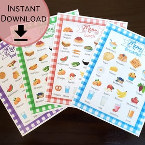 Petits menus à imprimer | Menus des jeux de simulation | Menus pour le petit-déjeuner, le déjeuner, le dîner et les collations pour enfants | Téléchargement instantané
