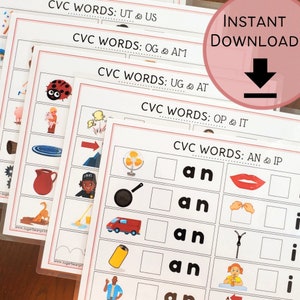 Op de afbeelding: Een set van vijf printbare werkbladen om CVC-woorden te leren. Elk werkblad bevat een andere set CVC-woorden, zoals "UT & US", "OG & AM", "UG & AT", "OP & IT" en "AN & IP". Elk werkblad bevat een reeks afbeeldingen die overeenkomen met de CVC-woorden.