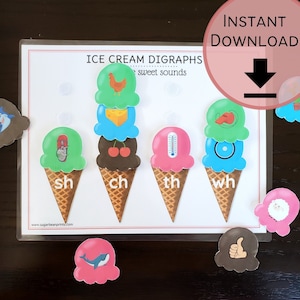 Dígrafos de helado / Práctica de lectura fonética imprimible / Actividad de letras con dígrafos para niños / Juego de aula / Descarga instantánea para imprimir