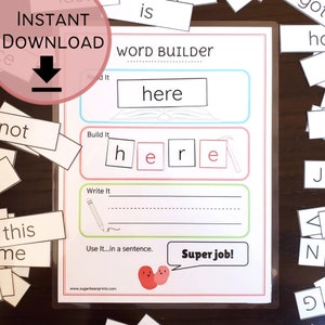 May include: A printable worksheet for kids to learn the word "here". The worksheet has three sections: Read It, Build It, and Write It. The word "here" is written in a box at the top of the worksheet. Below that, there are four boxes with the letters "h", "e", "r", and "e" in them. The child is supposed to build the word "here" by putting the letters in the correct order. The next section is Write It, where the child is supposed to write the word "here". The last section is Use It...in a sentence, where the child is supposed to write a sentence using the word "here".