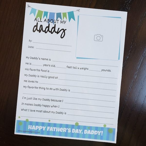Father's Day Questionnaire Printable | All About My Daddy, Grandpa, Papa | Kids Father's Day Activity