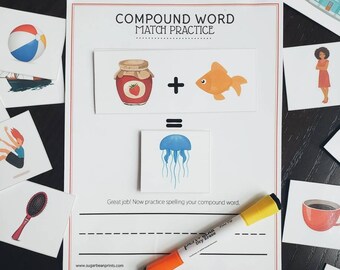 Könnte beinhalten: Ein druckbares Arbeitsblatt für Kinder, um das Zusammenfügen von zusammengesetzten Wörtern zu üben. Das Arbeitsblatt zeigt ein Bild eines Marmeladen-Glases und eines Goldfisches, mit dem Wort "plus" dazwischen. Unter den Bildern befindet sich ein Gleichheitszeichen und ein Bild einer Qualle. Das Arbeitsblatt enthält auch einen Platz, an dem Kinder das Zusammensetzen des zusammengesetzten Wortes üben können.
