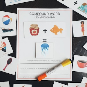 Può includere: Un foglio di lavoro stampabile per i bambini per esercitarsi ad abbinare le parole composte. Il foglio di lavoro presenta un'immagine di un barattolo di marmellata e un pesce rosso, con la parola "più" tra loro. Sotto le immagini c'è un segno uguale e un'immagine di una medusa. Il foglio di lavoro include anche uno spazio per i bambini per esercitarsi a scrivere la parola composta.