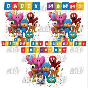 May include: A colorful graphic featuring cartoon characters, balloons, and confetti. The text includes "Daddy," "Mommy," and "Birthday Boy." The design incorporates a pink elephant, a blue-clad character, and other animated figures, suggesting a birthday theme.