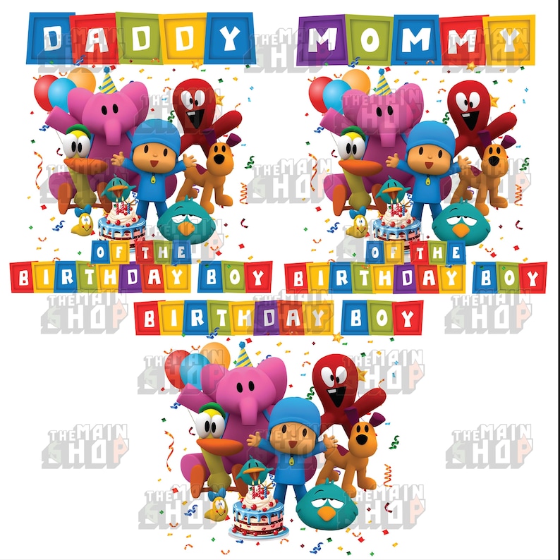 May include: A colorful graphic featuring cartoon characters, balloons, and confetti. The text includes "Daddy," "Mommy," and "Birthday Boy." The design incorporates a pink elephant, a blue-clad character, and other animated figures, suggesting a birthday theme.