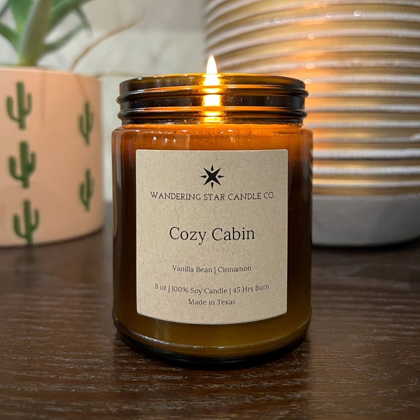 Cozy Cabin Candle | Vanilla Cinnamon Candle | Fall Winter Candle | Hygge Candle | Amber Jar Candle | Made In Texas | Rustic Cabin Decor