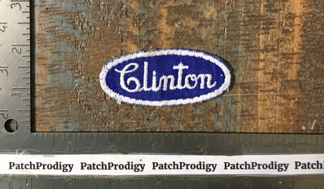 Vintage CLINTON Name Tag Work Shirt Job Uniform Sew-on Patch Blue/white ...