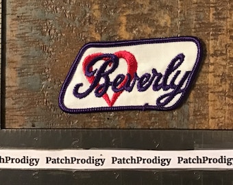 Vintage Beverly Name Tag Sew-On Patch White/Purple/Red Heart Twill