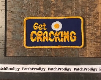 Vintage GET CRACKING Egg Lazy Funny Humor Sew-On Patch Twill