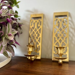 Vintage Pair of Mid Century Modern Solid Brass With Patina Architectural Wall Sconces Dark Academia Candle Holders