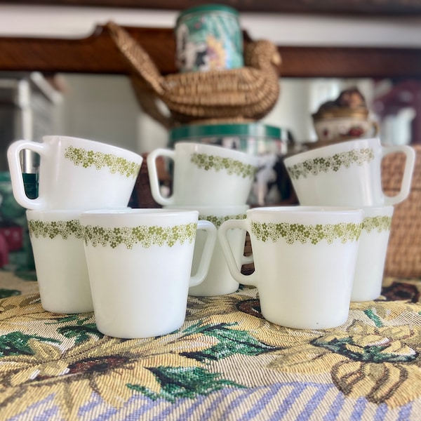 Vintage Retro 70’s MCM Pyrex Corning Ware Crazy Daisy Spring Blossom Green Flowers and White Milk Glass Coffee Mugs Set of 8