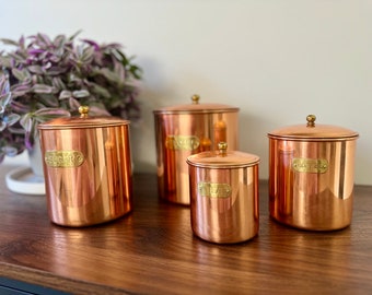 Gorgeous Mid Century Modern/1970’s Vintage Copper and Solid Brass Kitchen Canister Set of 4 Flour Sugar Coffee Tea