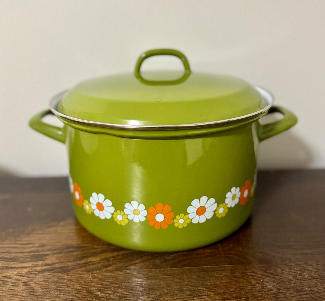 Vintage RARE 1970s Heavyweight Mid Century Modern Enamel Green Floral Motif 6 Quart Cooking Pot ...