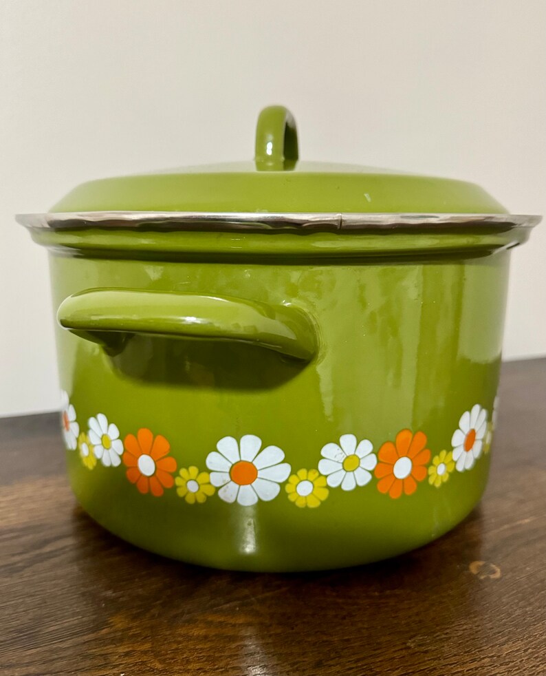 Vintage RARE 1970s Heavyweight Mid Century Modern Enamel Green Floral Motif 6 Quart Cooking Pot ...