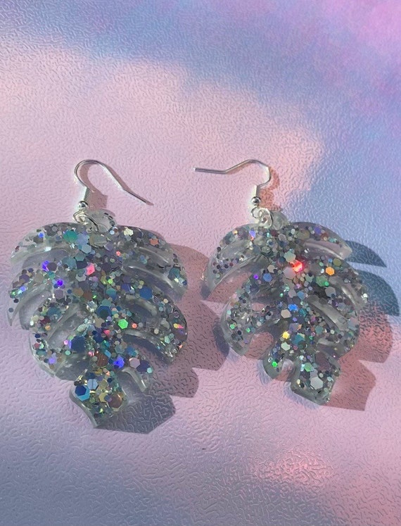 Silver Holographic Glitter Monstera Earrings Handmade Resin Etsy