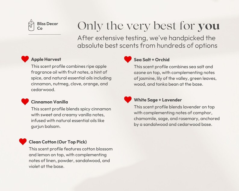 May include: A graphic with red hearts and text describing different scents. The scents are Apple Harvest, Cinnamon Vanilla, Clean Cotton (Our Top Pick), Sea Salt + Orchid, and White Sage + Lavender.
