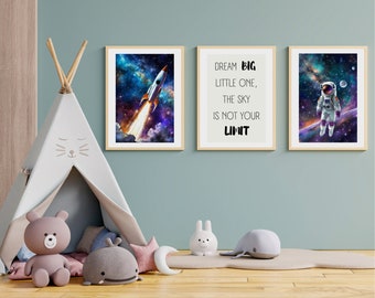 Dream Big Little One. Set of 3 Nursery prints, kids room prints, wall art for children, spaceship, rocket, stars, space. Positive quotes.