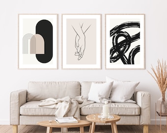 Abstract Wall Art Prints: Beige & Black Minimalist Decor (Set of 3)