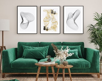 Set of 3 abstract art wall prints. Black, gold and white. Modern, minimalist decor. Living room/bedroom wall decor.