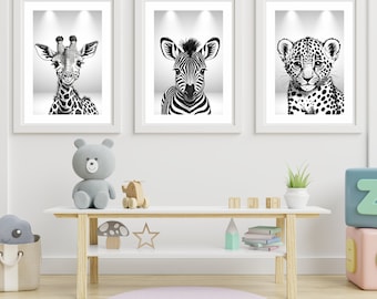Safari Nursery Prints: Baby Giraffe, Zebra, Leopard Art (Set of 3)